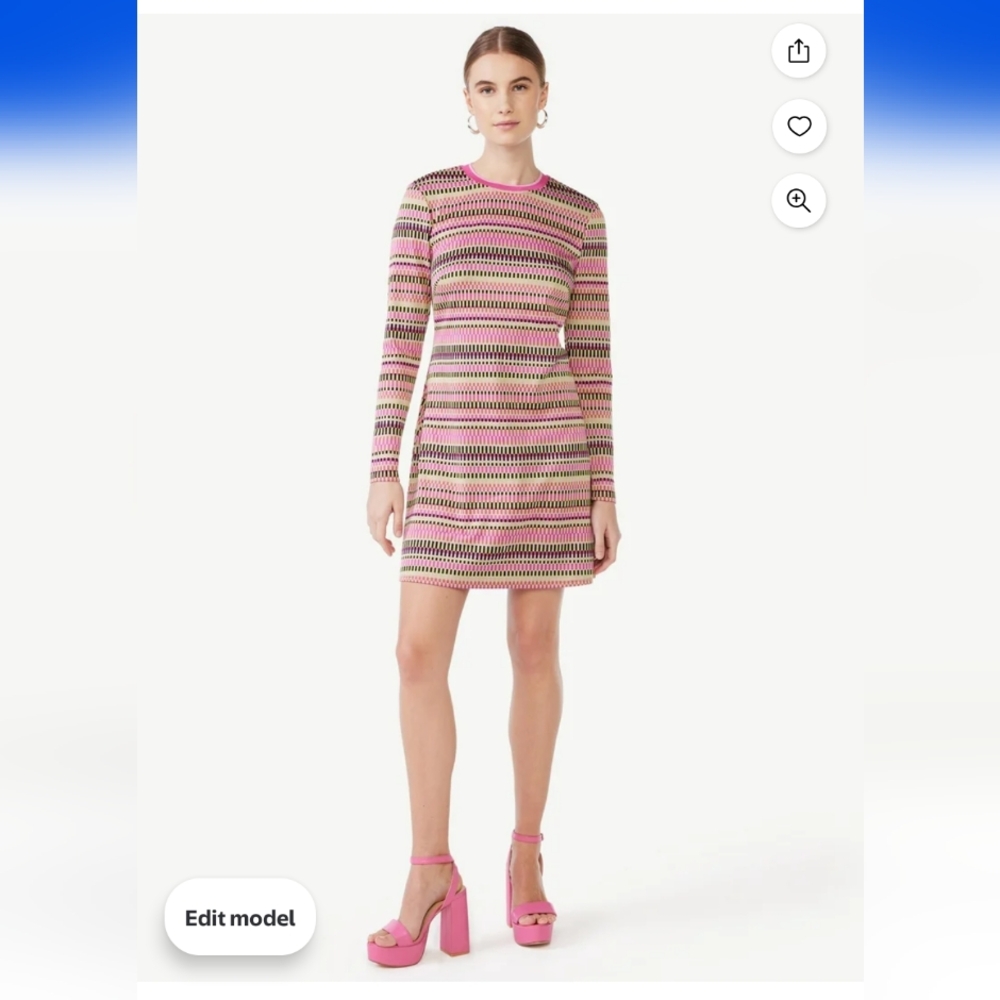 Scoop Women's Crewneck Jacquard Short Dress with Long Sleeves Size Small